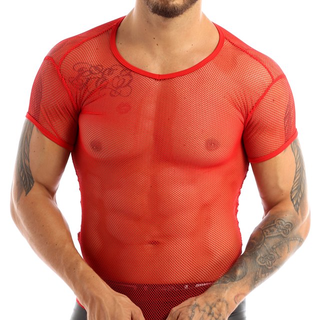 YONGHS Mens See Through Sheer Mesh T-Shirt Muscle Tank Tops Tees Vest Fishnet Shirt Undershirts Red XL