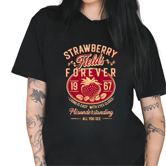 Cozymy Women's Retro "Strawberry Fields Forever" 1967 Lyric Graphic Short Sleeve T-Shirt Vintage Music Inspired Cotton Crewneck Top