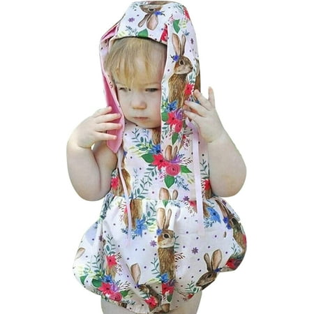 

QWZNDZGR Girls Sportwear Set Bodysuitt Cartoon Print Baby Easter Girls Infant Romper Ears Hat Set Rabbit (White 3-6 Months)