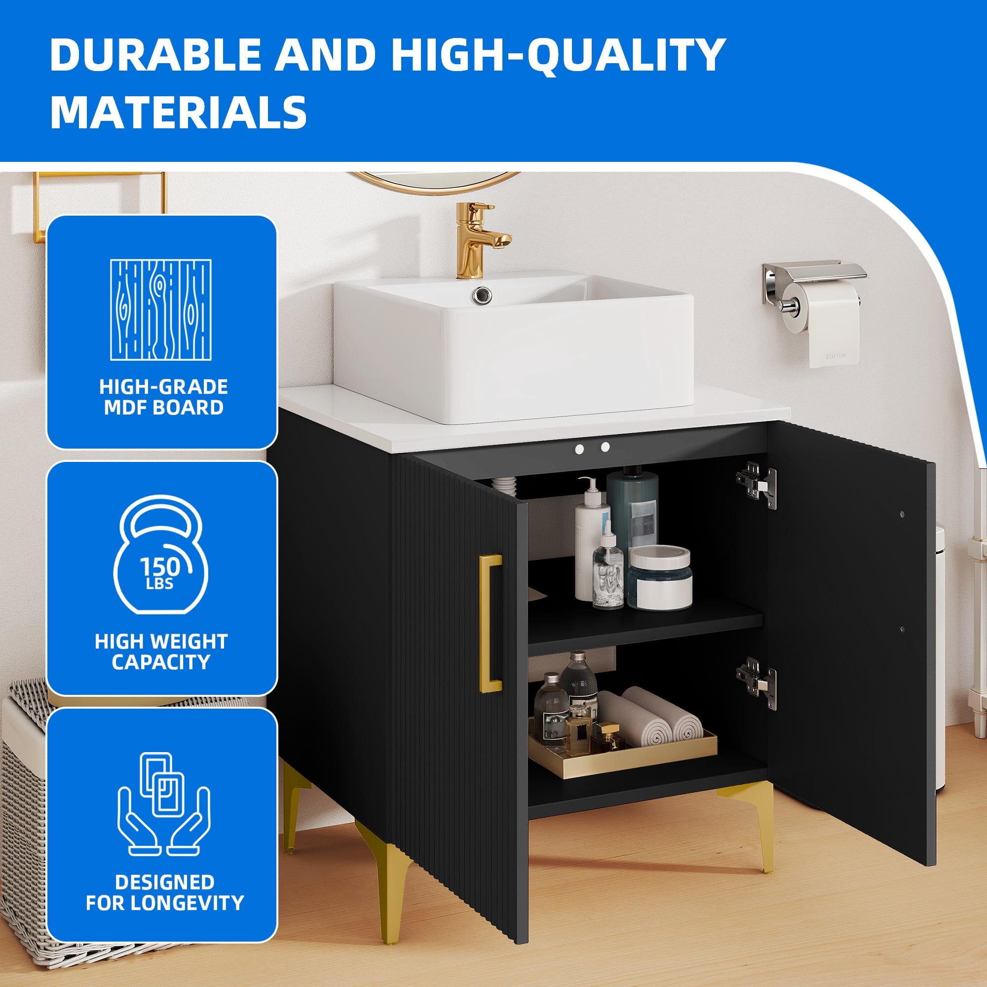 Uforic 24" Bathroom Vanity with Sink Top, Freestanding Bathroom Storage Cabinet with Door, Black