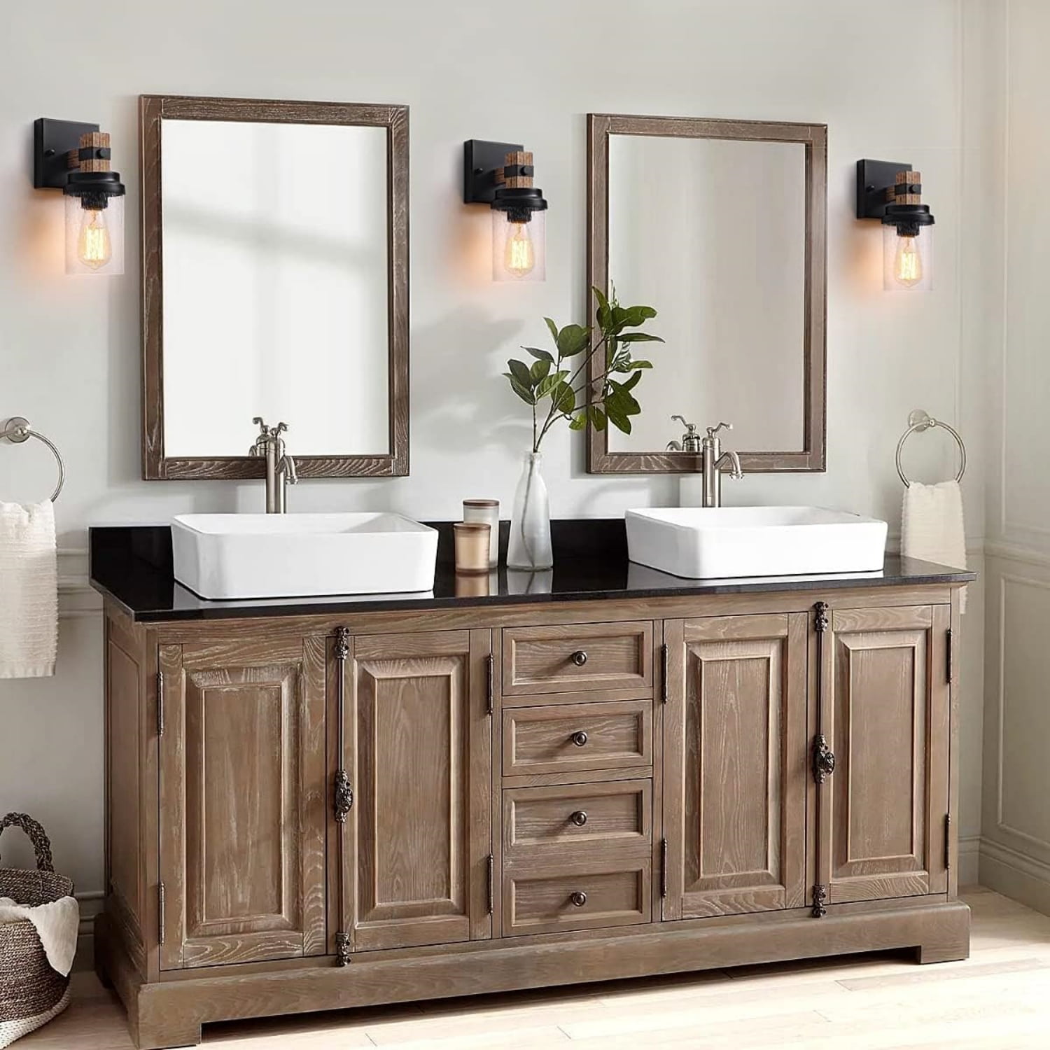 1-Light Rustic Wall Sconces Farmhouse Bathroom Light Fixtures Over Mirror, Handmade Wood Vanity Light Fixtures with Pretty Glass Shade, Wall Sconce for Bathroom Hallway Bedroom