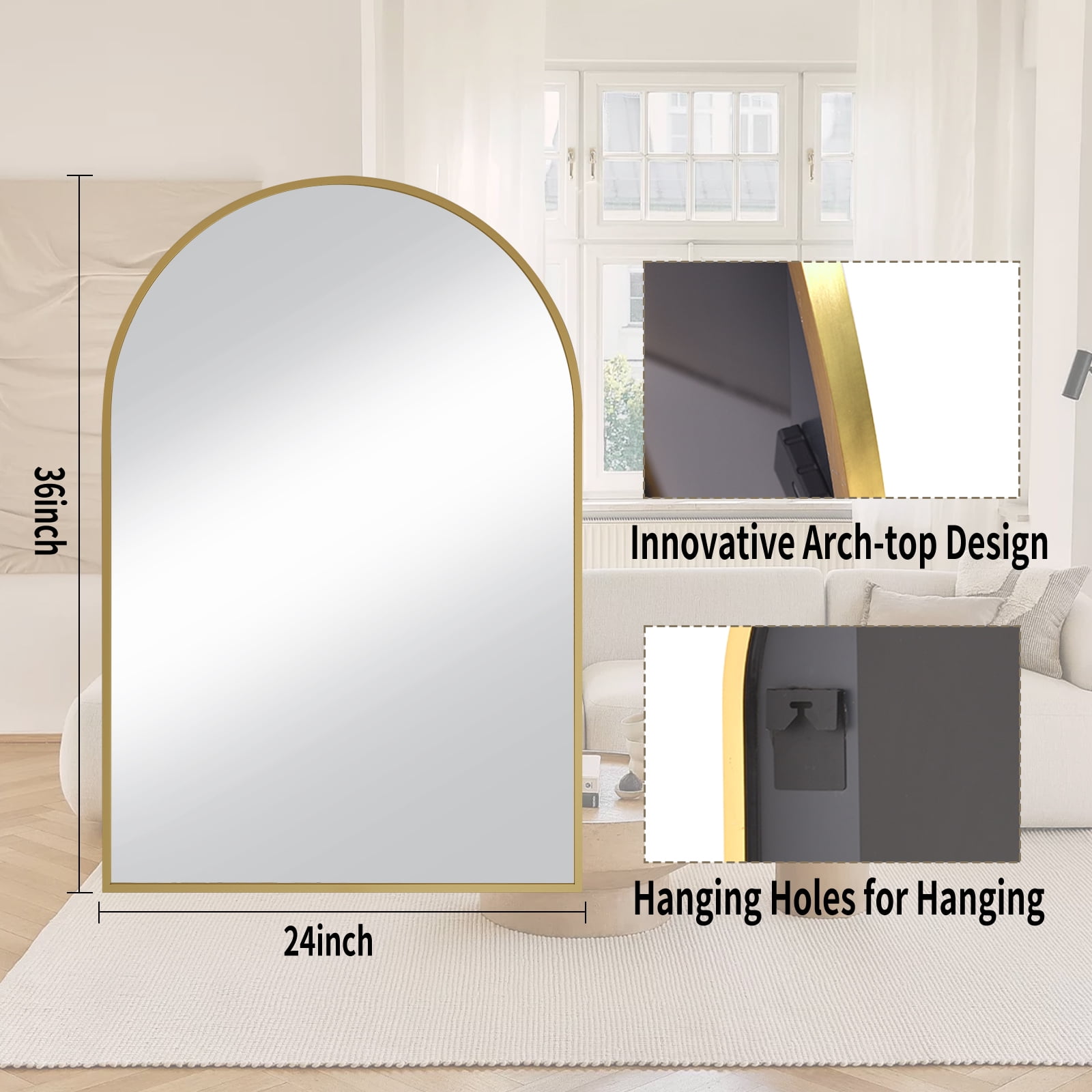 BEAUTYPEAK 24"x 36" Bathroom Mirror Wall Vanity Arched Mirror, Gold