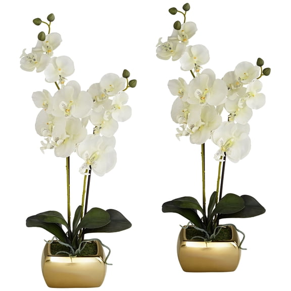 Dahlia Studios White Orchid 22" High Faux Flowers in Gold Ceramic Pot Set of 2