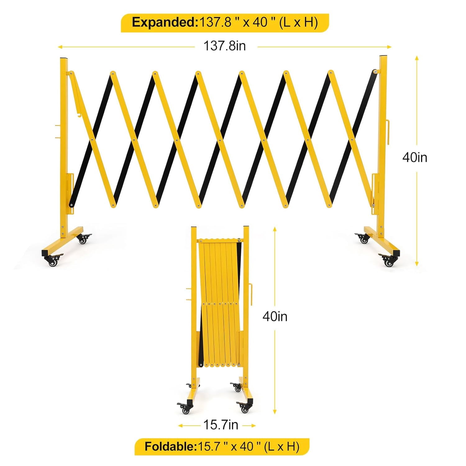 Metal Expandable Barricade, 11FT Folding Security Gate, Retractable Driveway Gate, Folding Safety Barricade, Yellow and Black