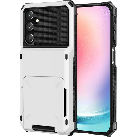 KOMI Case for Samsung Galaxy A24 4G with Card Holder Wallet Case Armor Galaxy A24 4G Case PC TPU 2 in 1 Dual Layer Bumper case Shockproof Cover can Hold 5 Cards White