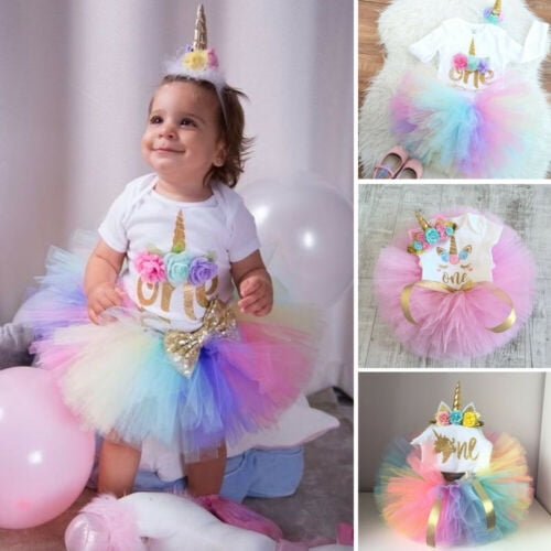 Baby Girls 1st First Birthday Dress Romper Tutu Skirt Headband Cake Outfits Kids 