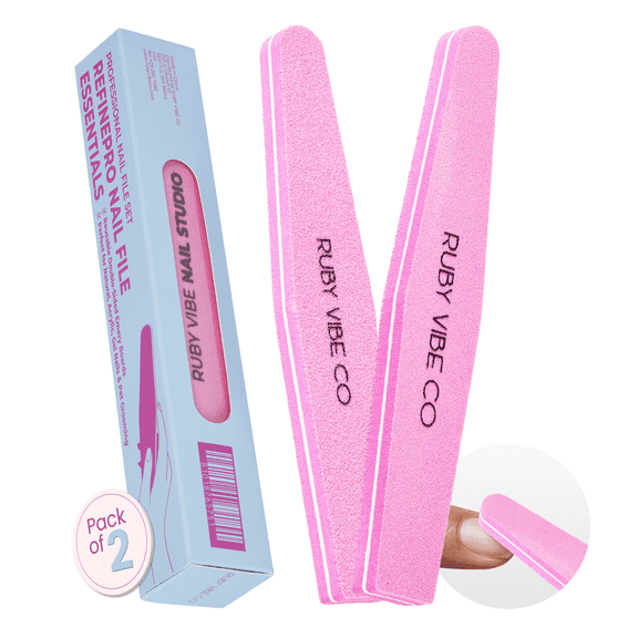 RUBY VIBE CO RefinePro Nail File Essentials, 100/180 Grit Emery Boards for Nails, Pack of 2 Half-Moon Nail Files for Natural and Artificial Nails