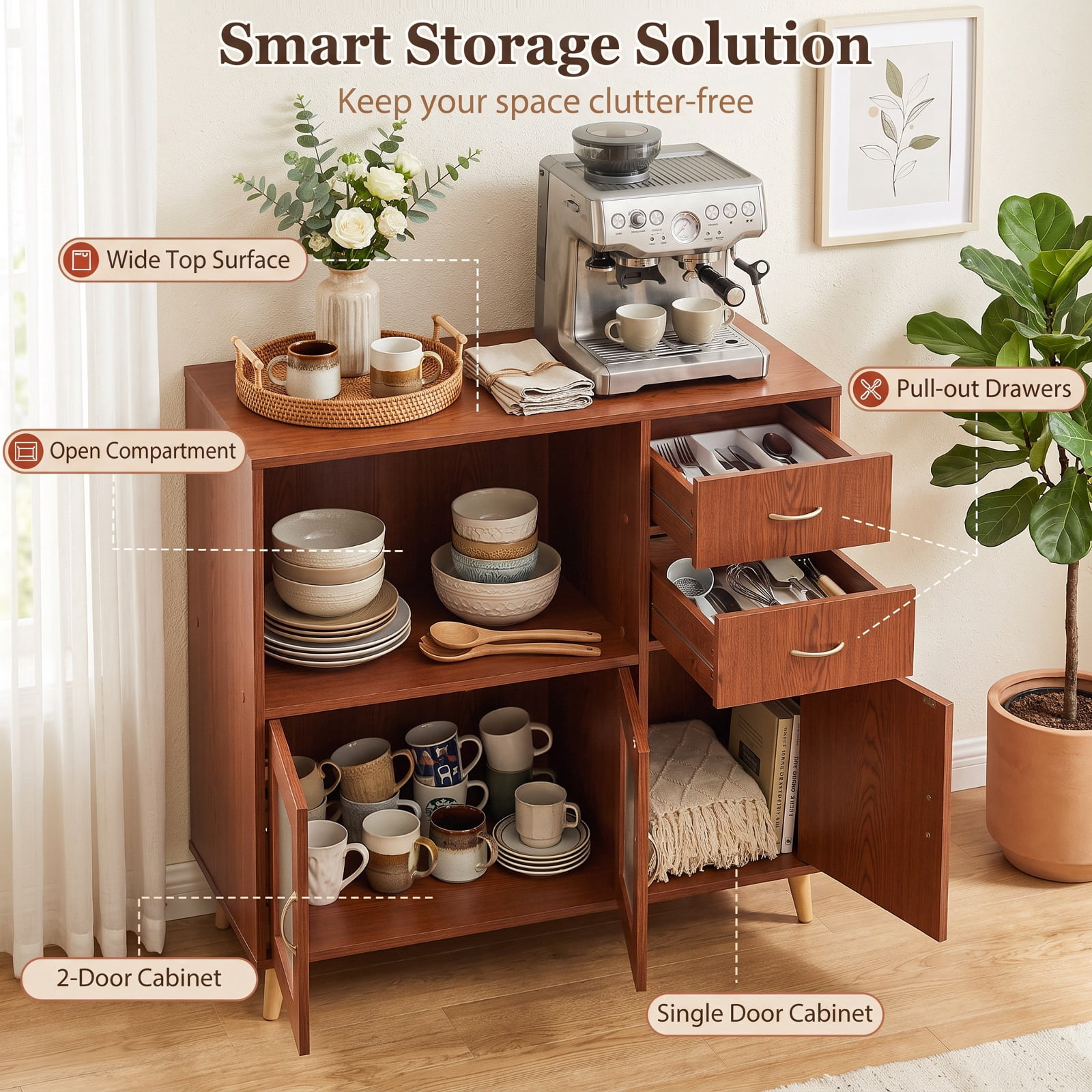 Furnibear 36 Inch Sideboard Buffet Cabinet with Open Compartment for Kitchen Dining Living Room Buffet Storage Server, Brown
