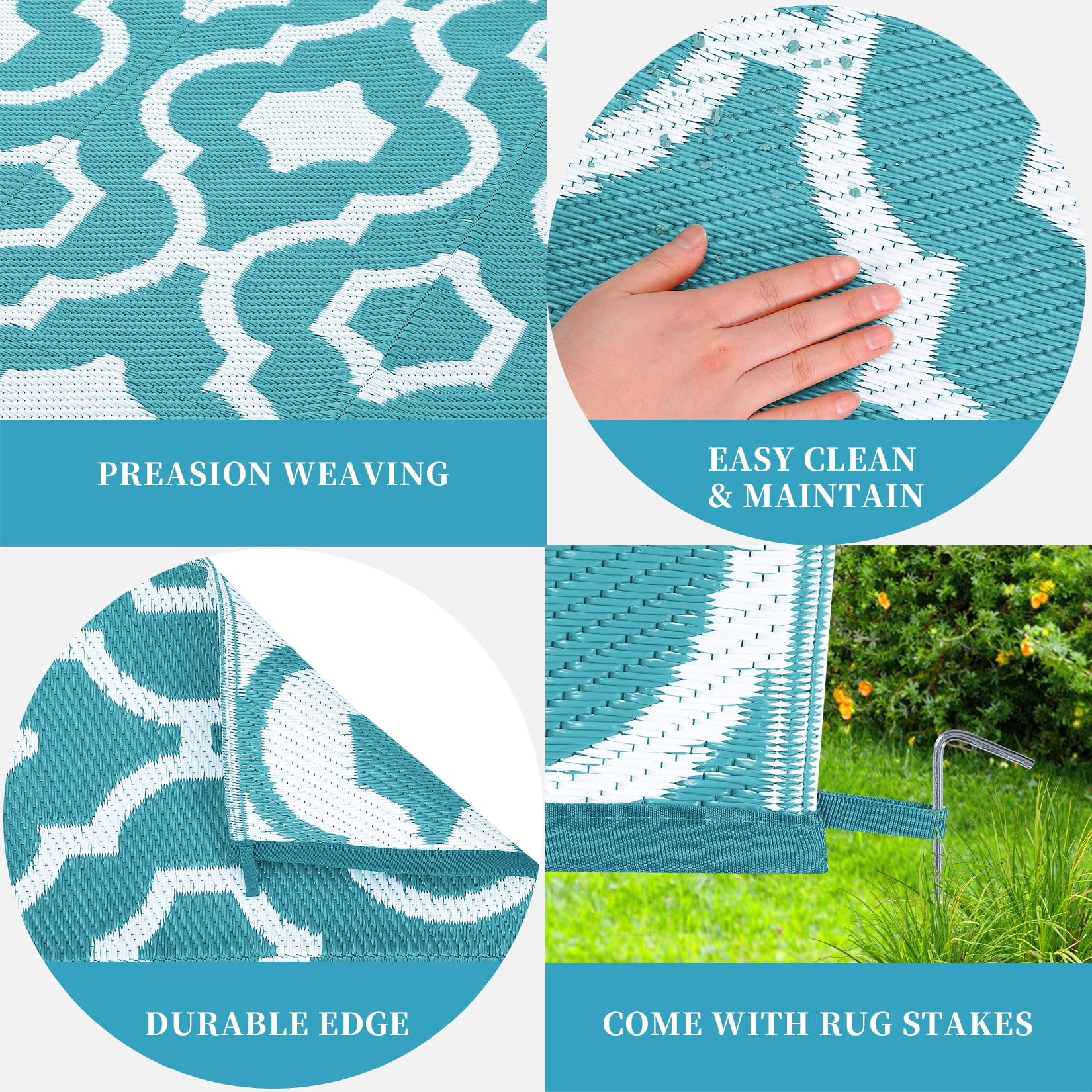 GlowSol 9'x12' Outdoor Rug Moroccan Style Plastic Straw Rug Waterproof Reversible Mat Outdoor Foldable Rug for Camping Patio Picnic, Light Blue White