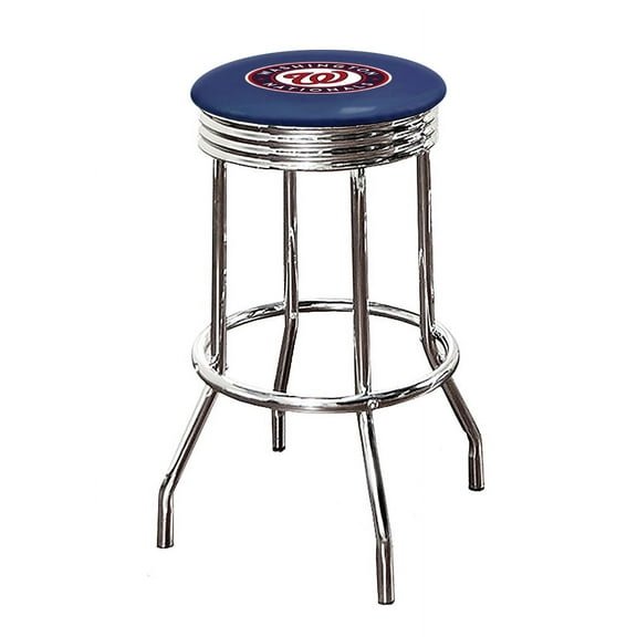The Furniture King Bar Stool 24" or 29" Tall Backless Chrome Metal Stool Featuring Your Favorite Baseball Team Logo on a Colored Vinyl Swivel Seat Cushion - Nationals on Blue