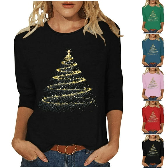 VKOYWKM Womens Christmas T Shirts Xmas Tree Graphic Tees 3/4 Length Sleeve Women Tops Casual Crew Neck Holiday Tunic Blouses