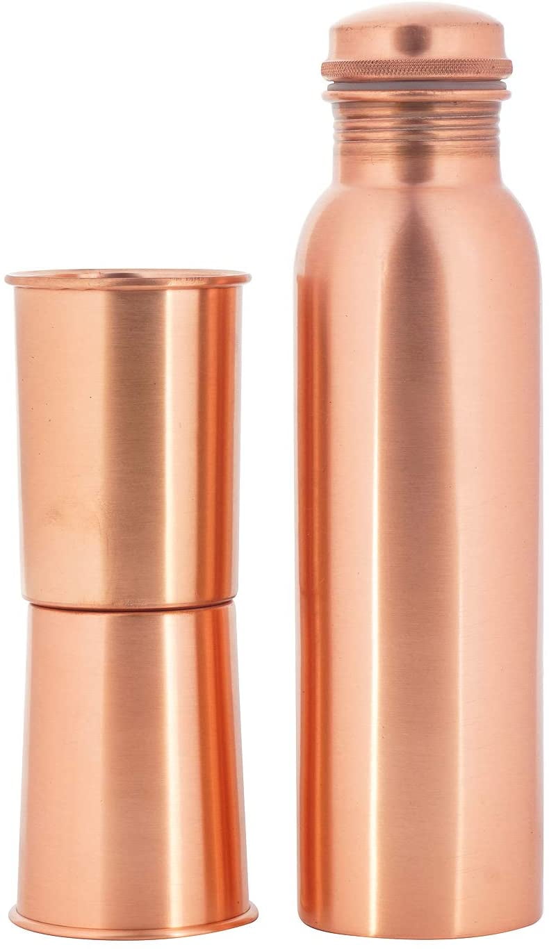 100% Pure Solid 34 Oz Copper Bottle with Two Copper Glasses Set 