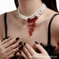 thumbnail image 3 of Gothic Blood Drop Pearl Necklace for Women Multi - Layer White Pearl Choker Red Crystal Tassels Dripping Blood Necklace Vampire Choker Necklace Vintage Punk Style Jewelry for Halloween Costume, 3 of 13
