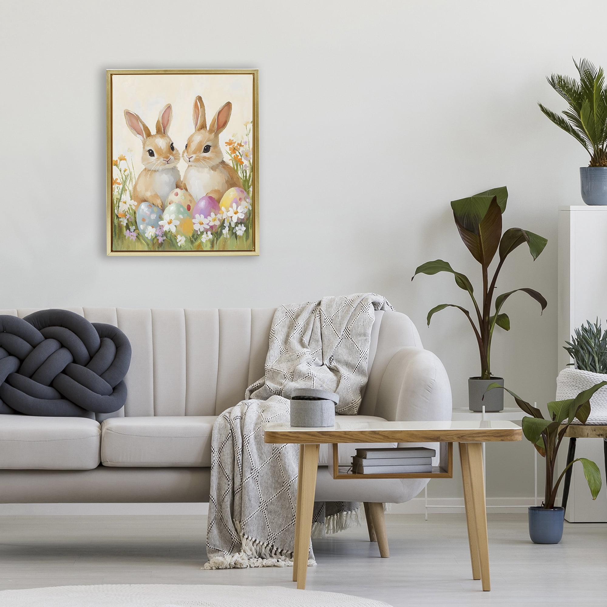 Bunnies with Painted Easter Eggs Gold Floating Frame Canvas Art, 17 x 21 - By The Prints Vibe