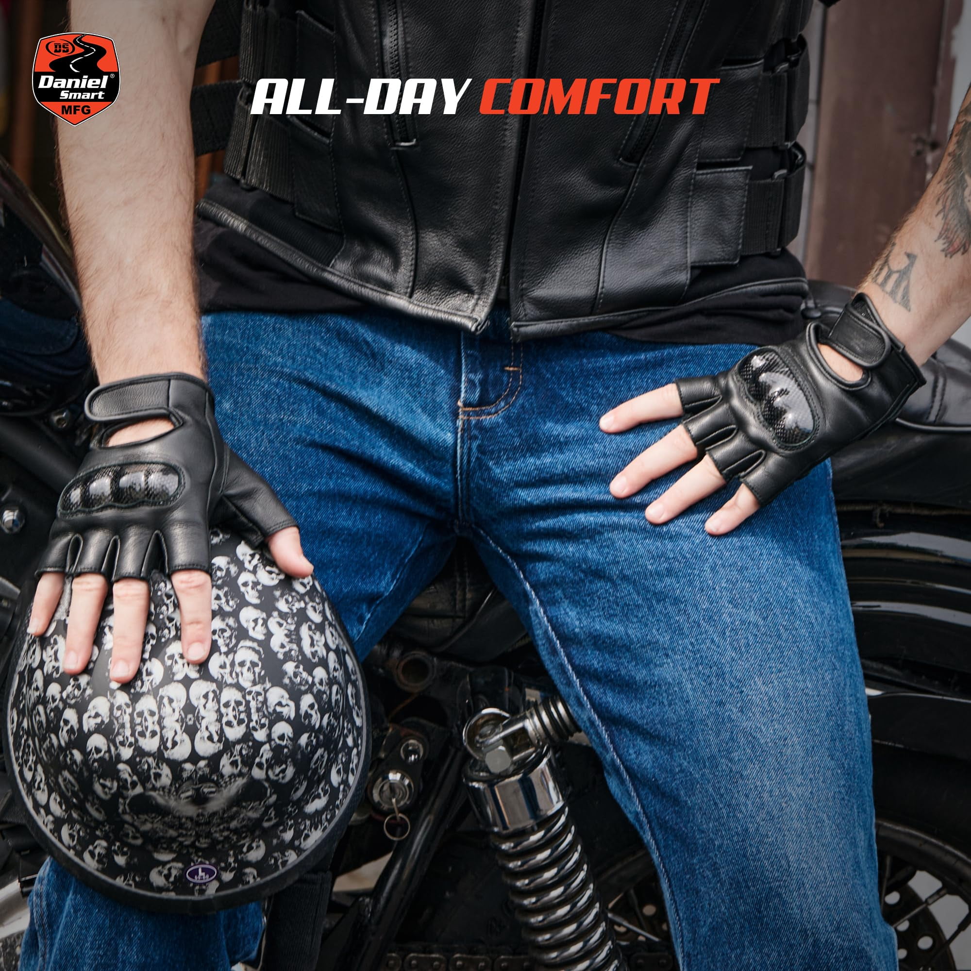 Daniel Smart Cowhide Leather Gloves – Fingerless Men Motorcycle Gloves with Gel Palm and Hard Knuckles