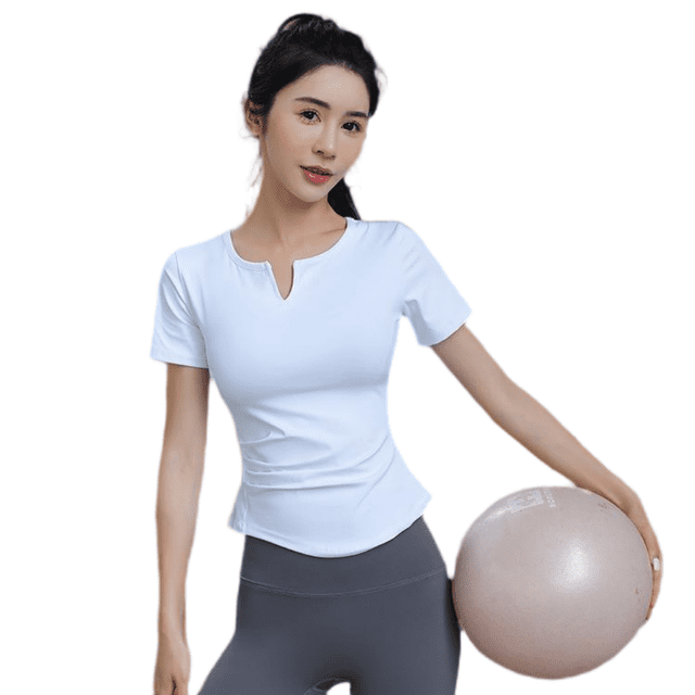 LYMAYTER T-Shirt de Yoga à Manches Courtes Col en V pour Femmes, Extensible 4 Directions