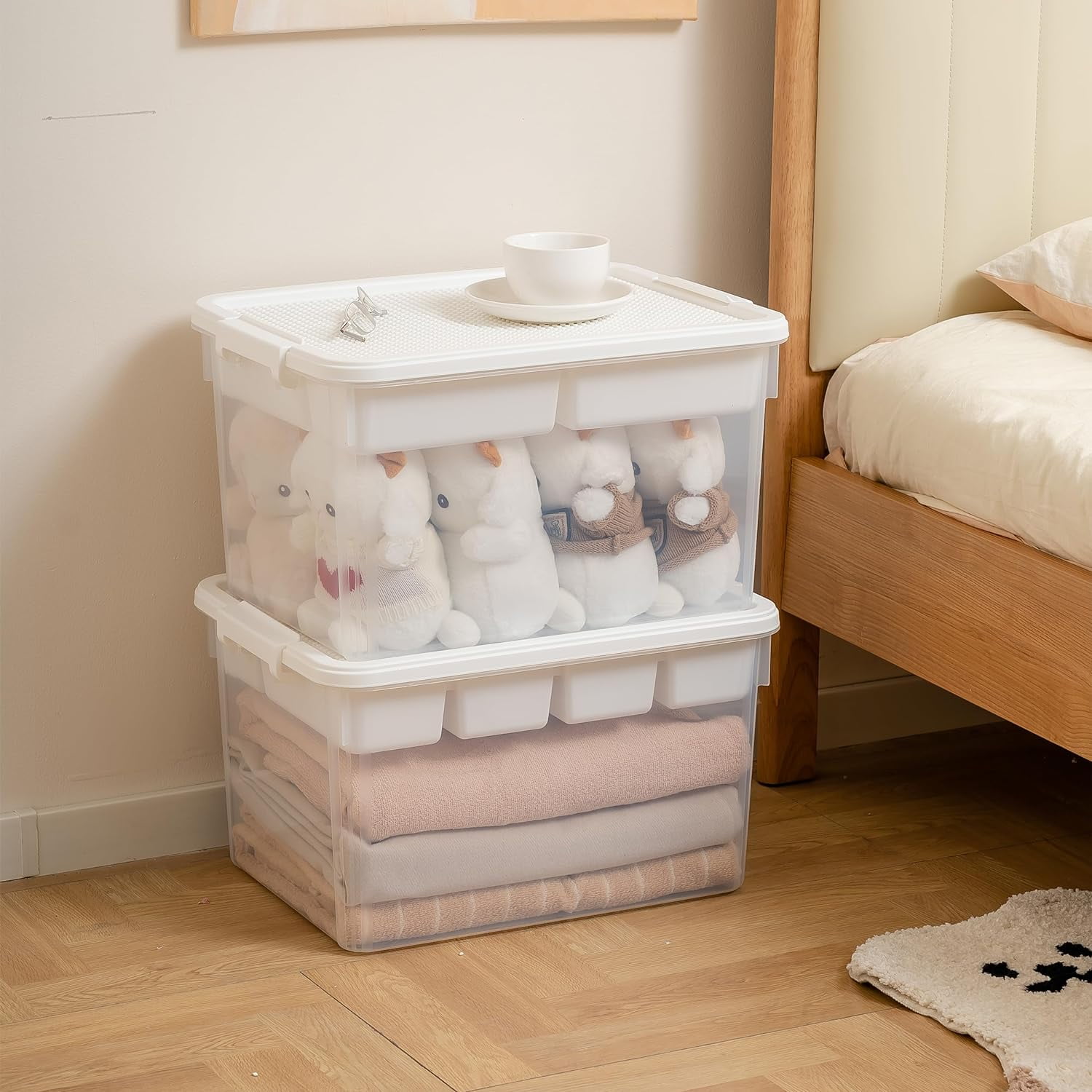 32 Qt Storage Bins with Building Baseplate Lid and Removable 6 Grids Tray Plastic Clear Storage Container for Building Brick Toy Bead Tool Sewing Craft 1 Packs White Lid