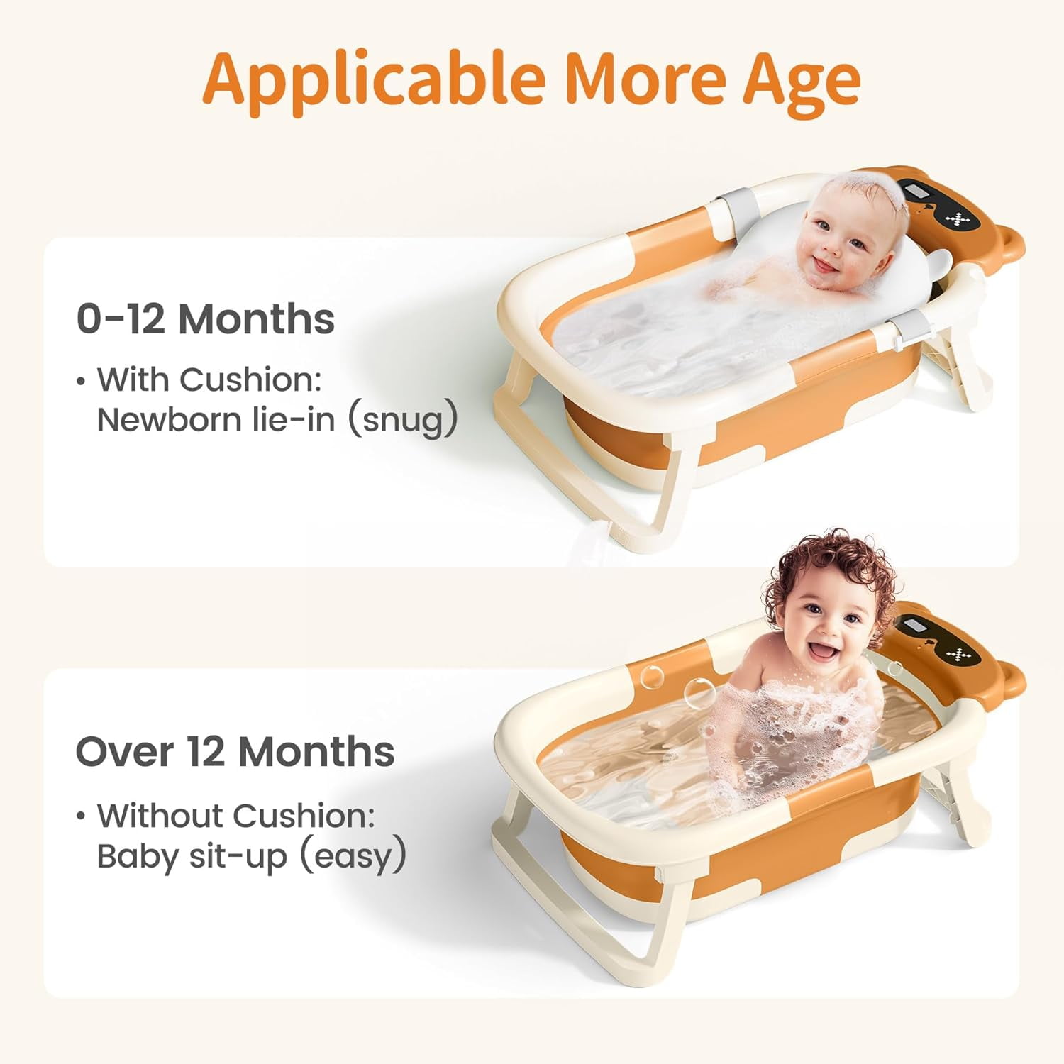 COOSEYA Baby Bathtub ,Collapsible Baby Bathtub , Bath Tub with Cushion and Thermometer ,Newborn to Toddler Portable Travel Multifunctional Bathing 0-2 years (Bear/Brown)