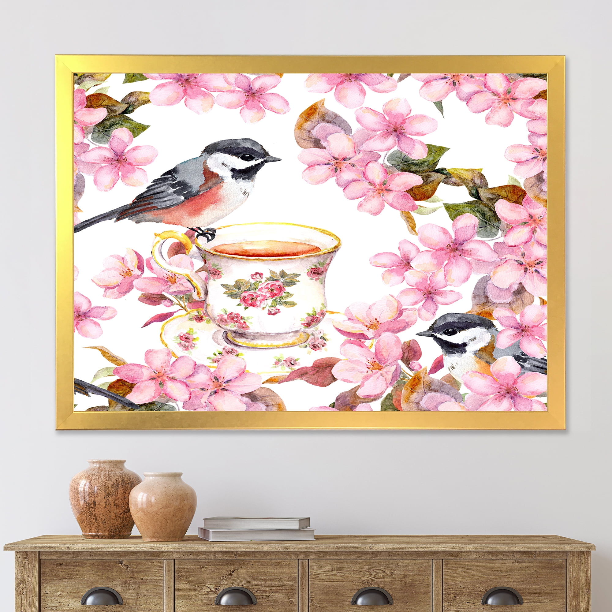 Designart 'Tea Cup Birds and Pink Flowers' Traditional Framed Art Print