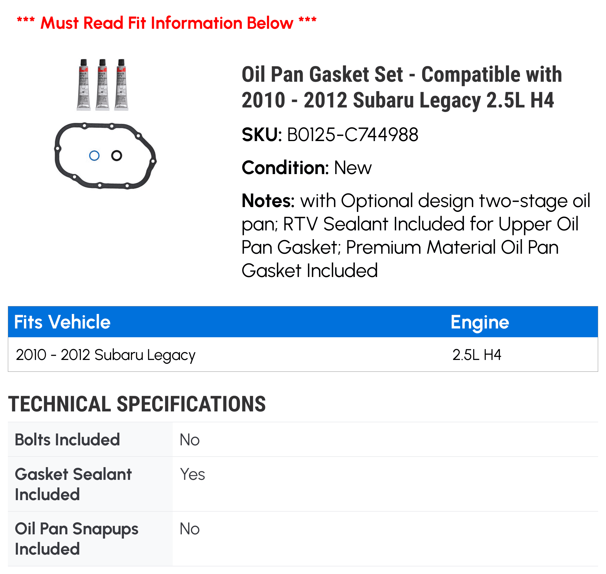Oil Pan Gasket Set - Compatible with 2010 - 2012 Subaru Legacy 2.5L H4 2011