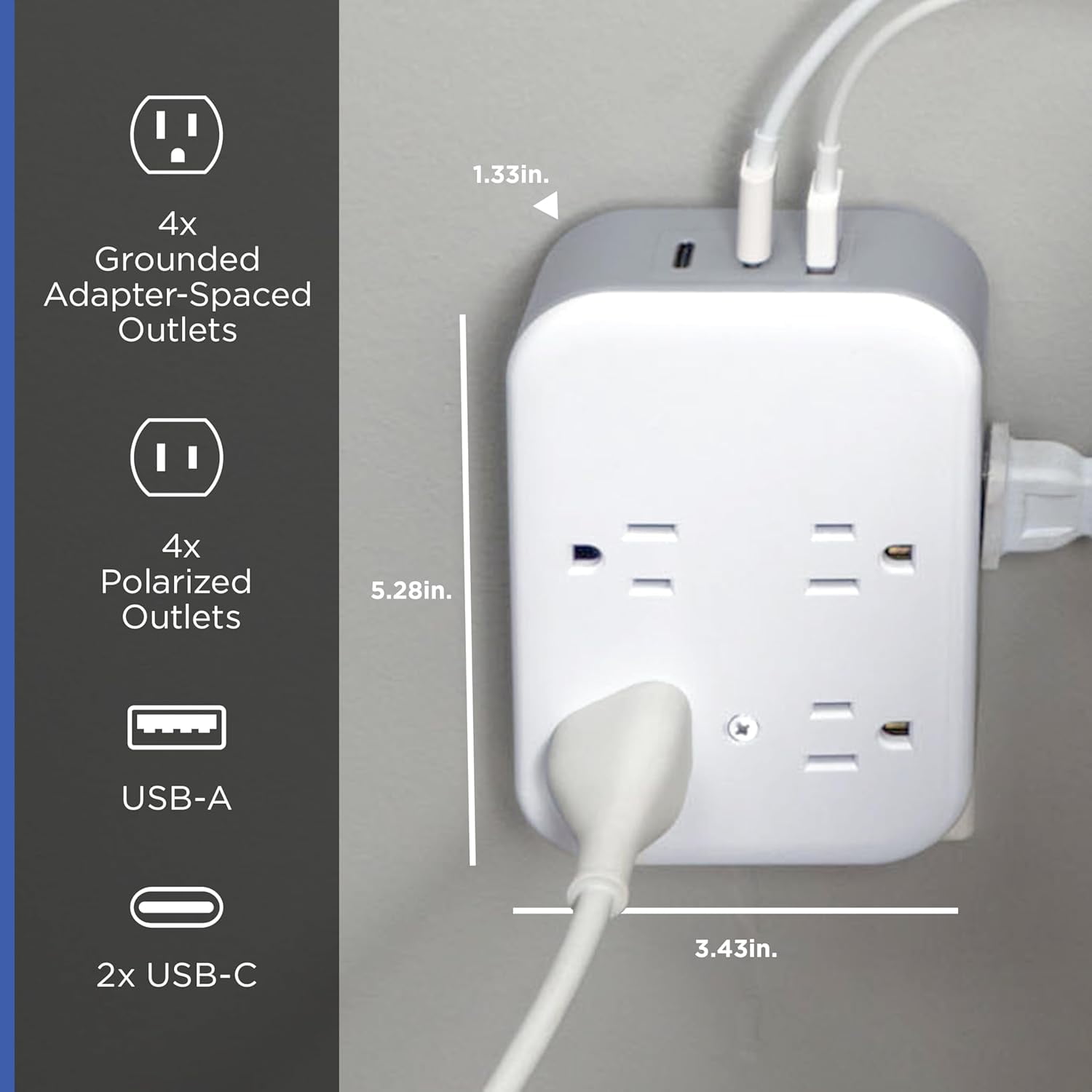 JJEAN-All-in-One Surge Protector Wall Tap, 8 Outlets (4 Grounded + 4 Polarized), 2 USB-C & 1 USB-A, 15W Shared, 1140J, Circuit Breaker, ETL Certified, White/Gray, 85633