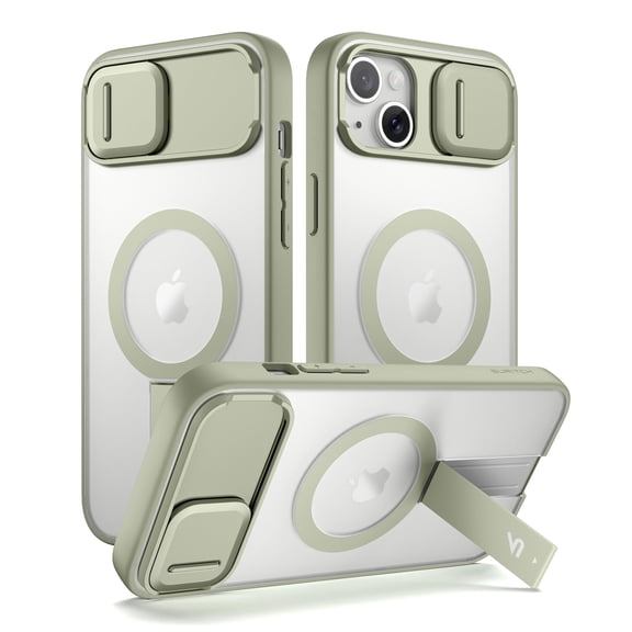 SURITCH for iPhone 13 / 14 Magnetic Case, Compatible with Magsafe, with Built-in Kickstand, Camera Cover and Translucent Back, Rugged Shockproof Cases Slim Protective Cover, Translucent Green