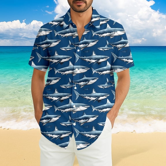 Mens Hawaiian Shirt Short Sleeve Shark Print Button Down Lapel T Shirt Loose Summer Seaside Casual Comfortable Beach Shirts for Men Blue XXXL
