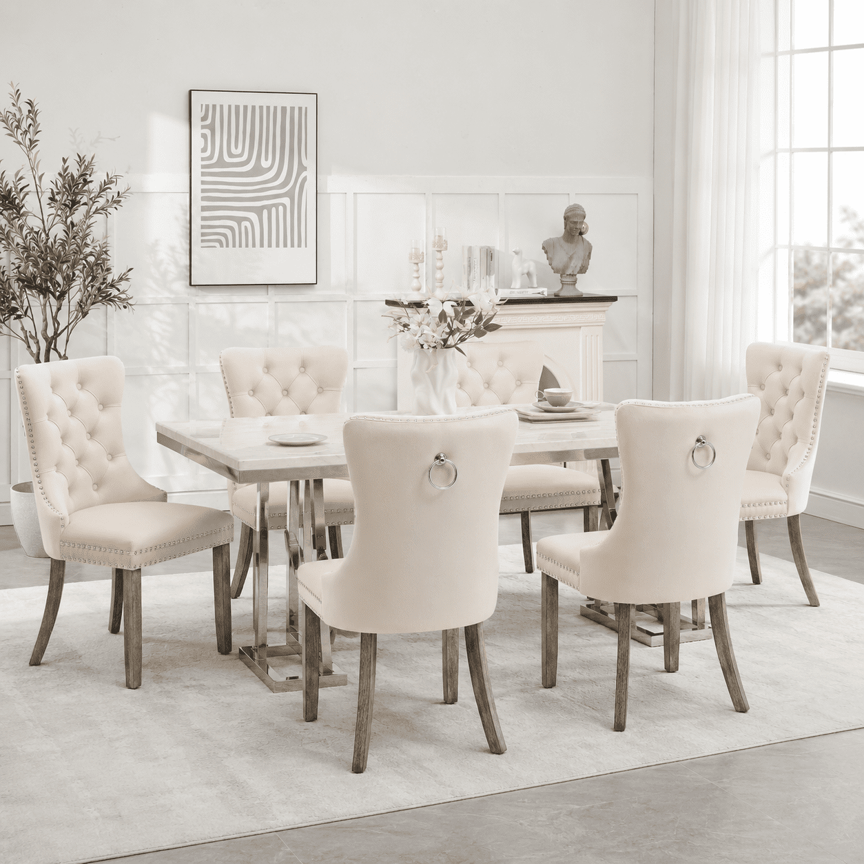 LegaHome Dining Chairs Set of 2, Velvet Upholstered Dining Chair with Nailhead Trim&Solid Wood Legs, Button Padded Dining Chairs Set for Kitchen Dining Room Living Room, Beige