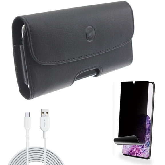 6ft USB-C Cable w Privacy Screen Protector w Case Belt Clip for Samsung Galaxy S20 Plus - Type-C Fast Charger Cord, TPU Film [NOT GLASS] [Fingerprint Works], Leather Holster fits Galaxy S20 Plus