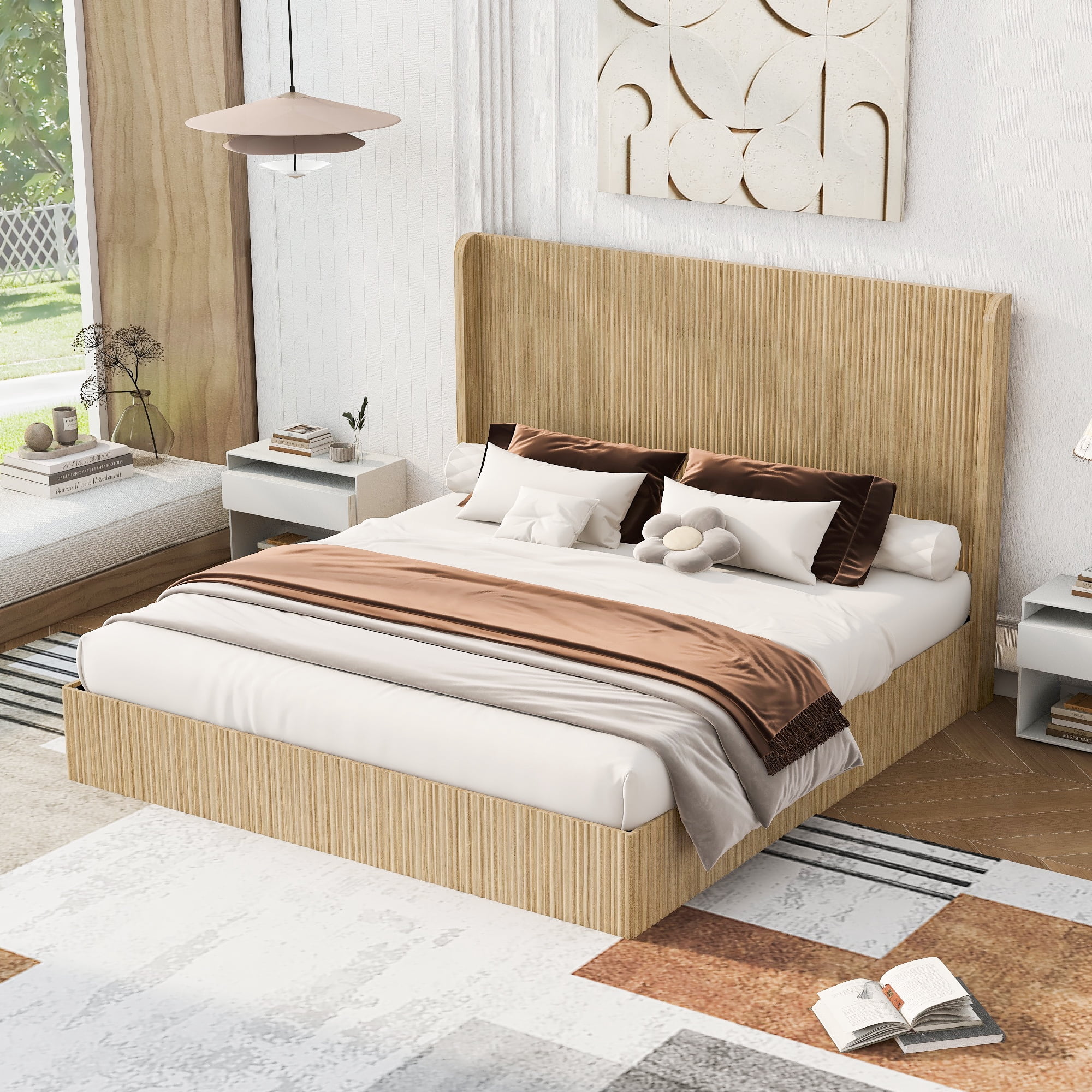 Mintazer King Size Vertical Fluted Platform Bed with Tall Wing Headboard, Low Profile Platform for Bedroom & Guest Room, No Box Spring Needed, Natural