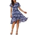 thumbnail image 2 of Vestido midi floral con volantes y dobladillo asimétrico de manga corta y cuello redondo para mujer, XS, azul marino, 2 of 6