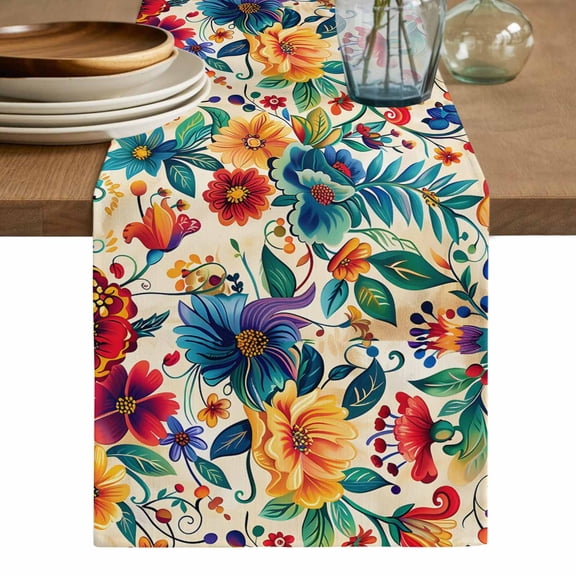 Vintage Botanical Table Runner, Spring Floral Summer Vintage Washable Cotton Linen Table Runners 48 Inches Long, Dresser Scarf Runner for Nightstand/Coffee/End Tables 13''x48''