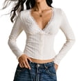 thumbnail image 2 of Lace T Shirts for Women V-Neck Slim Fit Tops Long Sleeve Tunic Top Blouse Apricot Color XL, 2 of 9