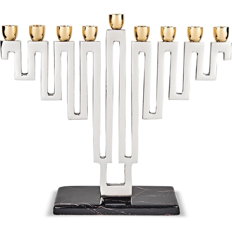 Nickel Plated Maze Menorah with Marble Decal Base photo 1
