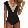 thumbnail image 1 of baikeli One Piece Swimsuit for Women Deep V Neck Tummy Control Bathing Suit Ruffle Cute Swim Suit Full Coverage Beach Wear Black,L, 1 of 5