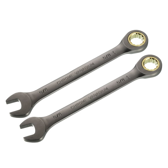 Uxcell 2pcs 5/8" Ratcheting Combination Wrench SAE 90 Teeth 12 PT Ratchet Spanner