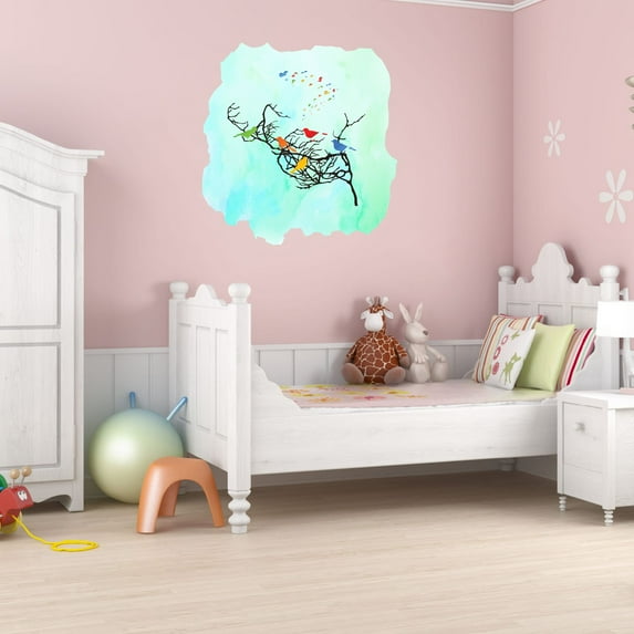 Animal Watercolor Wall Decals for Kids Room - Colorful Hearts Chirping Birds Tree Art Girly DIY & Creativity Boy Girl Bedroom Wall Water Color Sticker - Size: 27 In x 30 In