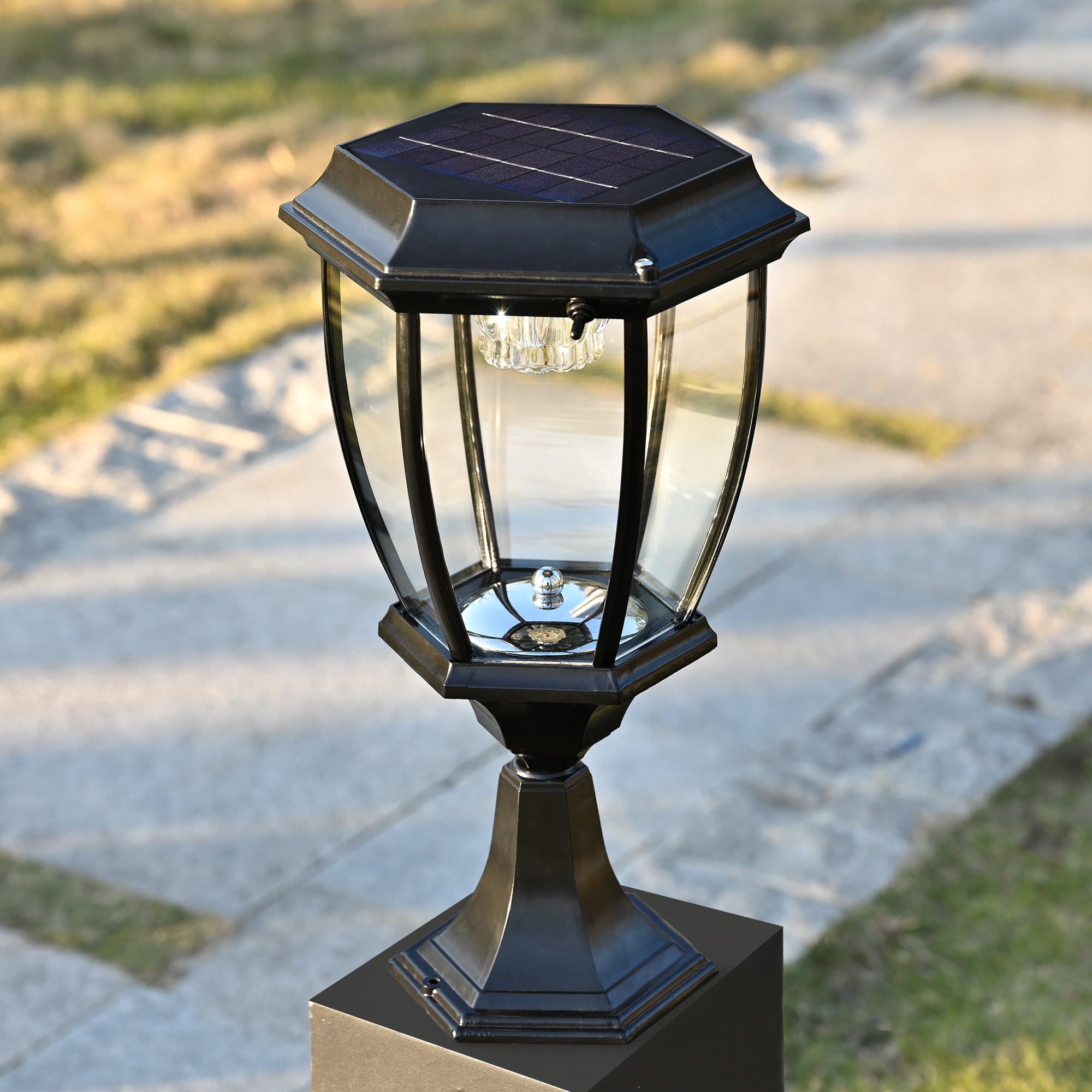 Solar Powered Black Outdoor Pier Mounted Aluminum & Glass Post Light