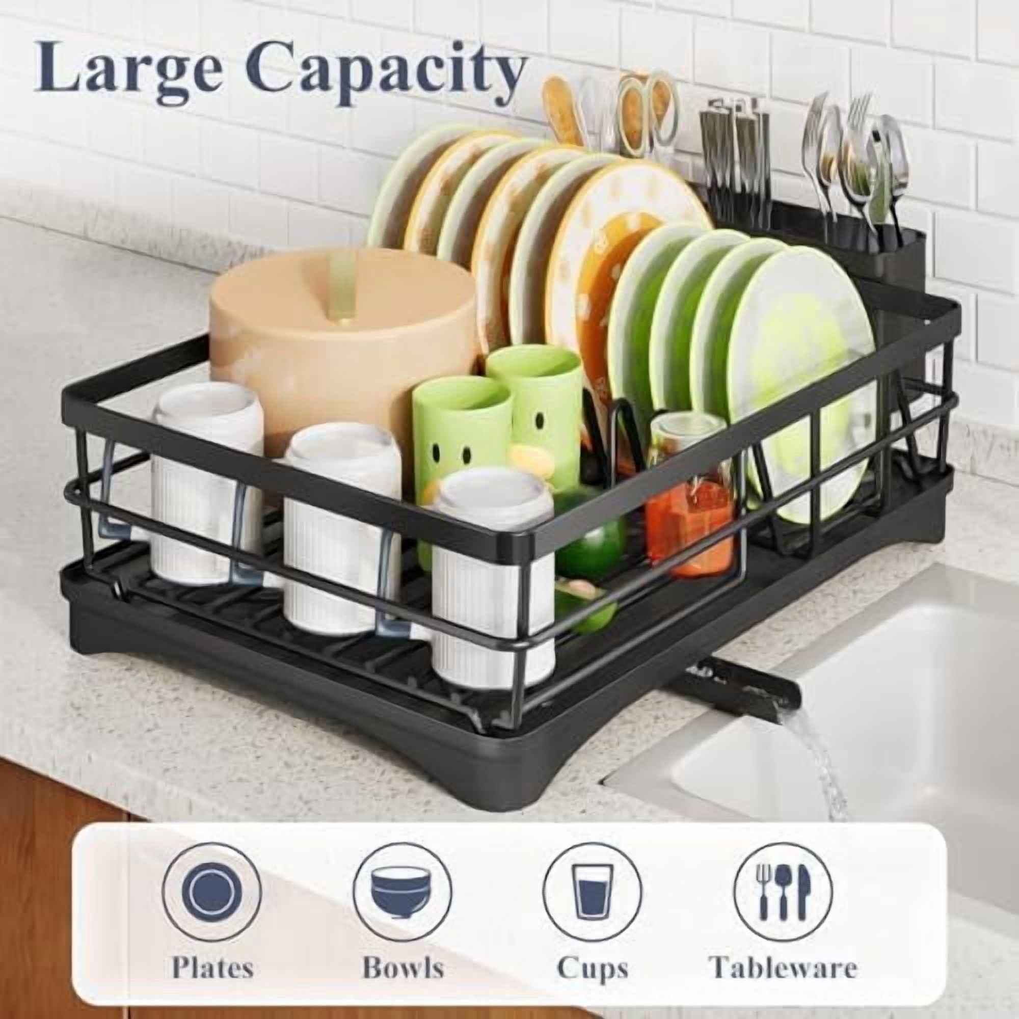 Dish Drying Rack - Stainless Steel Dish Rack for Kitchen Counter, Large-Capacity Dish Drainer with Cutlery Holder, Kitchen Organizer for Dishes, Spoons and Forks, Black