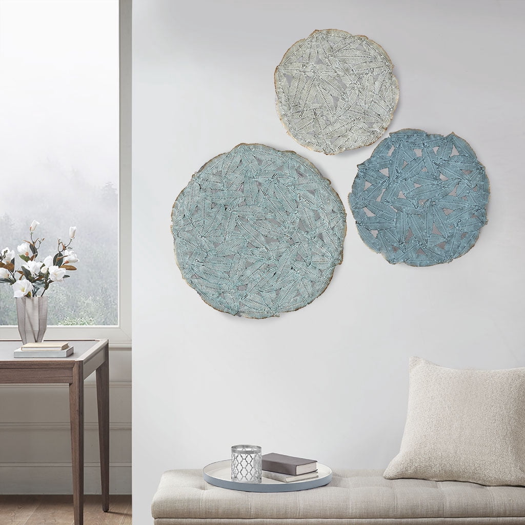 MAYEERTY Textured Feather 3-Piece Metal Disc Wall Decor Set