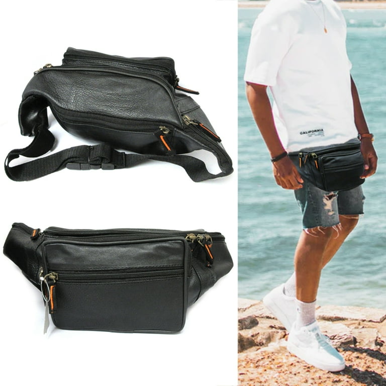 Slim Leather Black Fanny Pack Men's Black Chest Bag Hip Bag Small