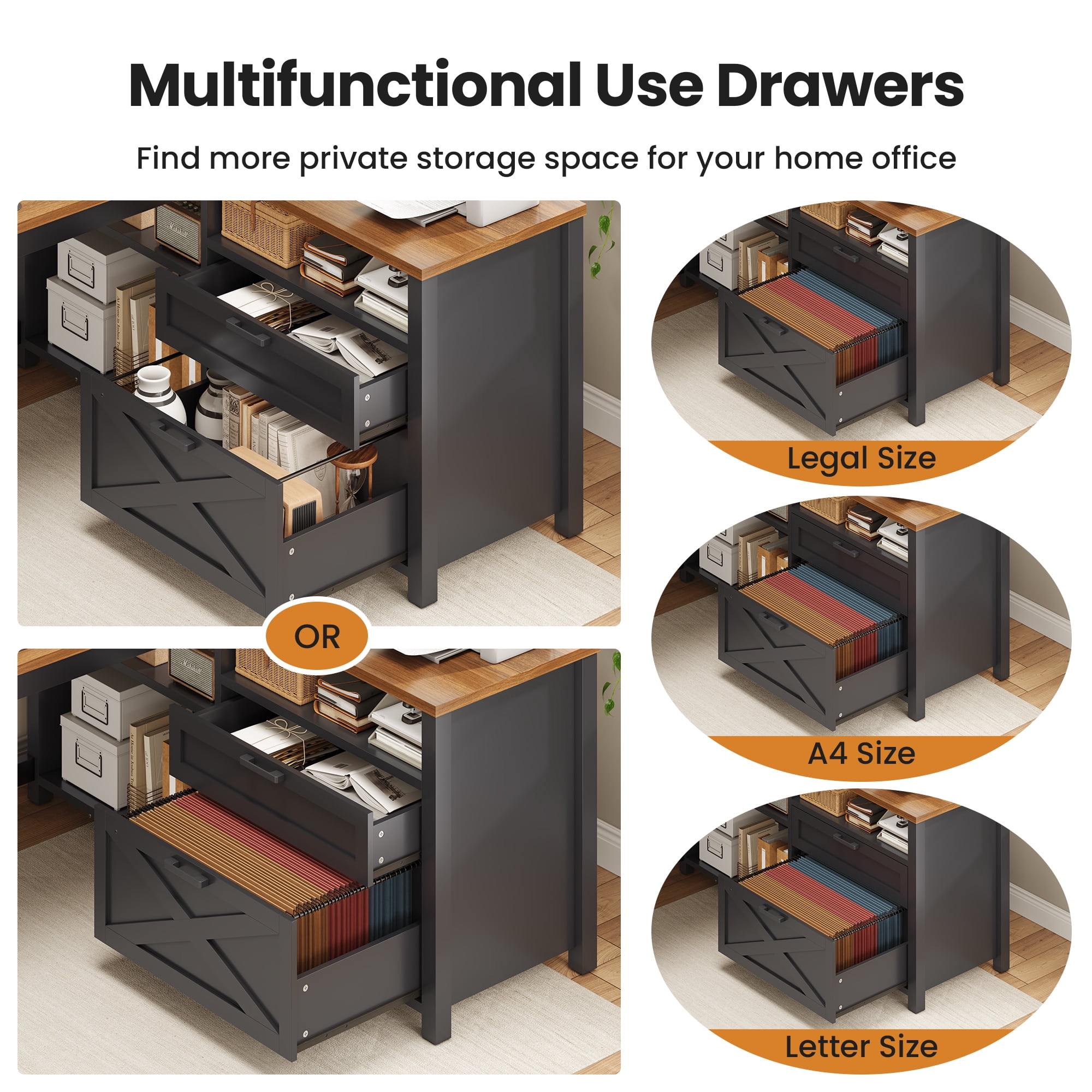 Farmhouse L Shaped Computer Desk with Drawers and Storage Shelves, 55" L Shaped Gaming Desk with LED Lights, Home Office Desk