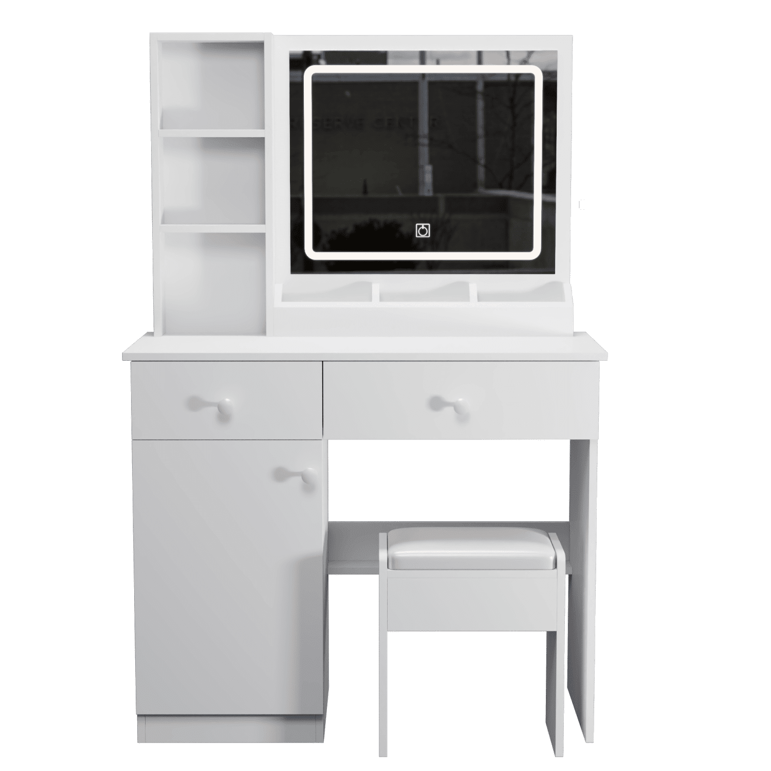 Asteroutdoor Vanity Desk with Lighted Mirror, 3 Color Lighting Modes, Adjustable Brightness, 2 Large Drawers, White Makeup Table, 35.4 in Wide