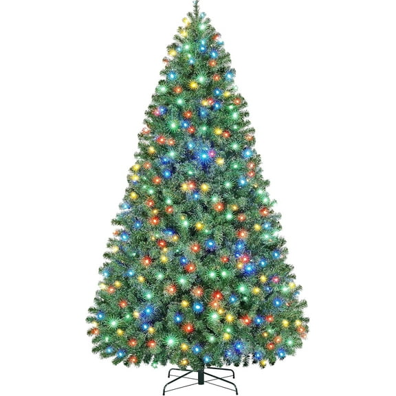 7.5ft Pre-lit Spruce Artificial Christmas Tree Hinges Tree with Multicolor LED Lights & Branch Tips & Metal Stand for Home, Office, Party Decoration