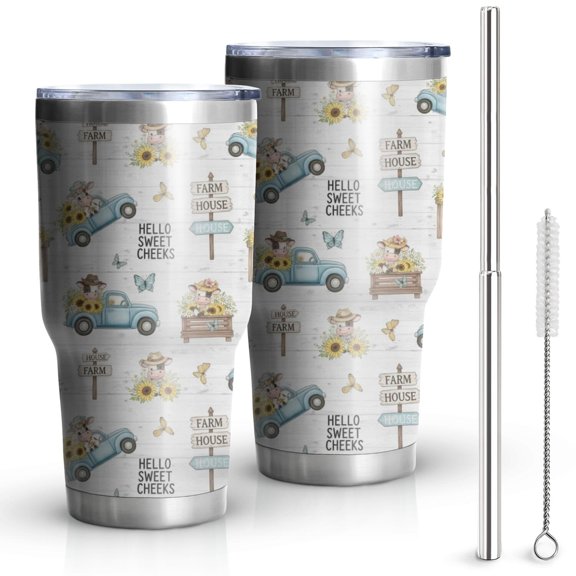 30oz White Highland Cow Car Flower Pattern Tumblers Stainless Steel Tumbler with Lid and Straw,Vacuum Insulated Double Wall Travel Tumbler Cups Mug with Cleaning Brush for Coffee,Tea