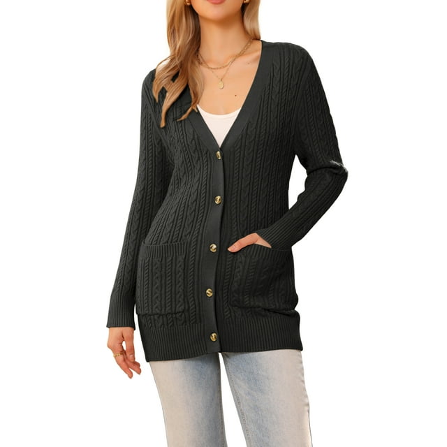Suéter cárdigan casual INSPIRE CHIC para mujer, tejido trenzado, largo, de moda, otoño e invierno, color negro