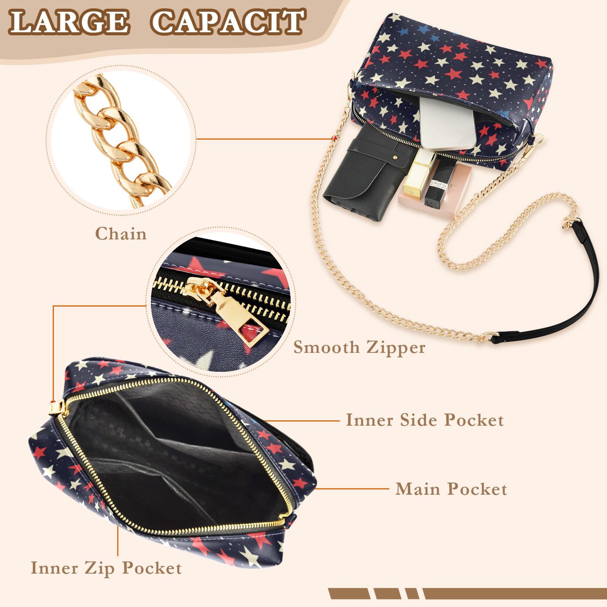 FORMRS Women Crossbody Purse with Chain Strap Vegan Leather Shoulder Handbag, Red Starry Pattern