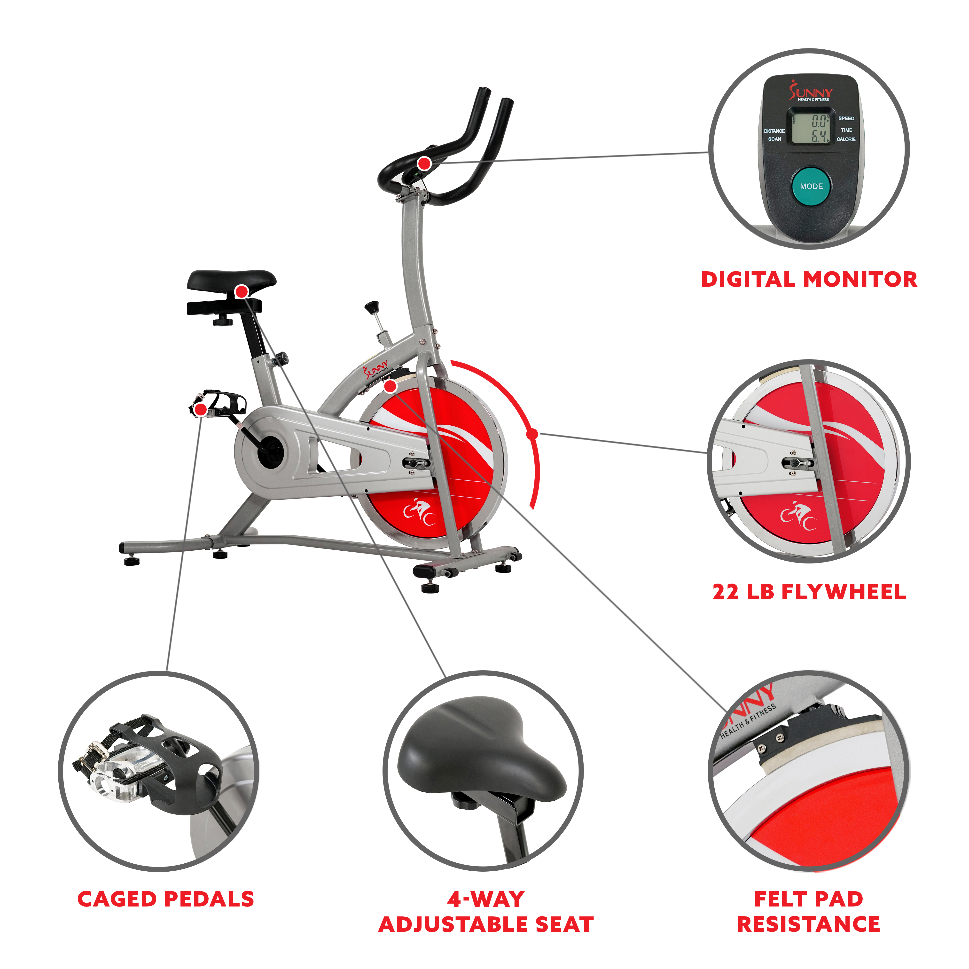 Sunny Health & Fitness Indoor Cycling Exercise Stationary Bike with Monitor and Flywheel Bike for Home Workout Trainer, SF-B1203 - image 3 of 6
