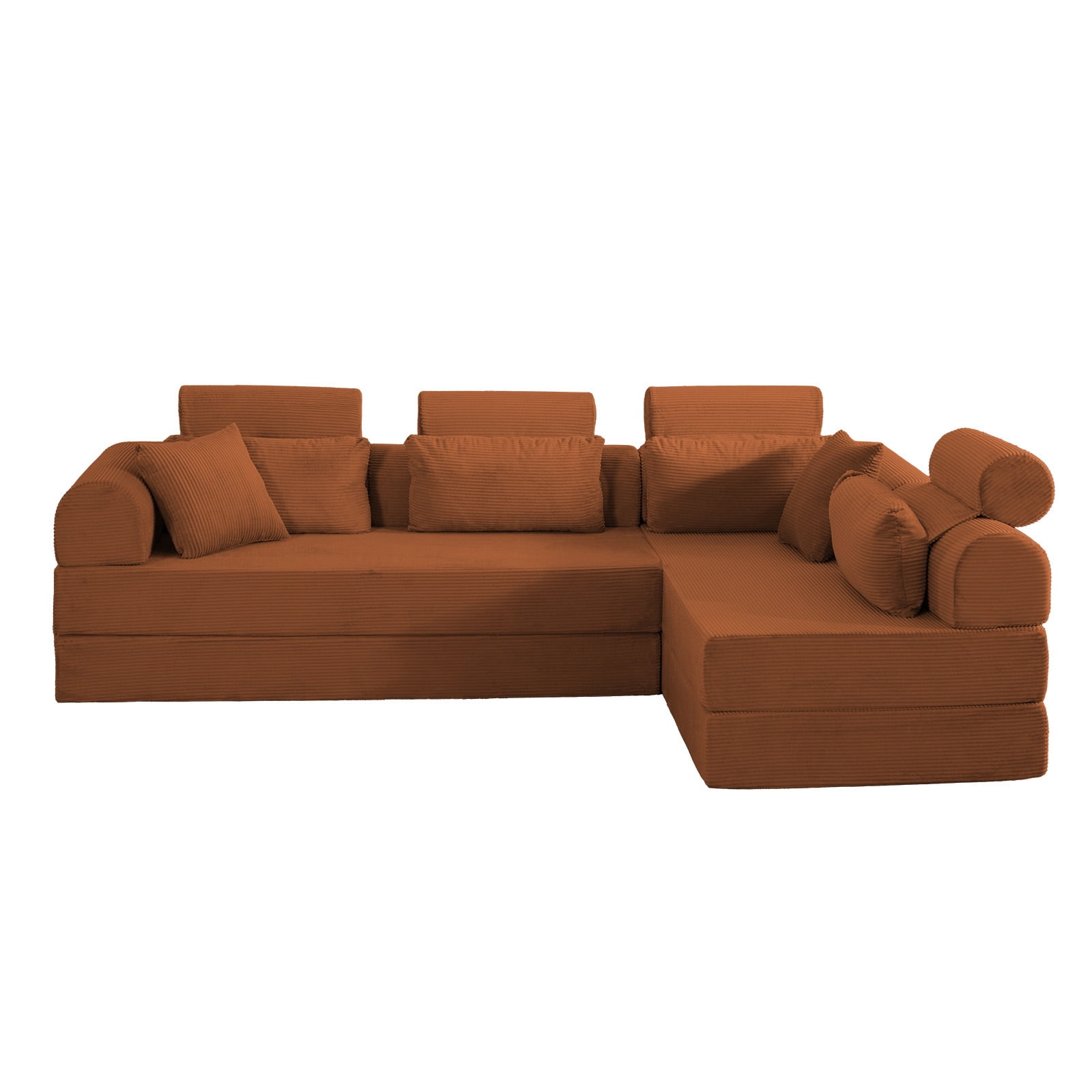 L-Shaped Sectional Sofa Converts to Bed, Corduroy Chaise Lounge with 28D High-Density Foam, No Assembly Compressed Couch for Apartments and Studios, Orange