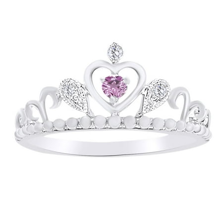 Round Shape White Diamond With Simulated Pink Sapphire Queen Crown Ring In 14K White Gold Over Sterling